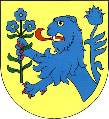 Ve zlatém štítě polovina modrého lva s červenou zbrojí držícího v pravé tlapě stonek lnu se třemi květy přirozené barvy. Znak Svijanský Újezd