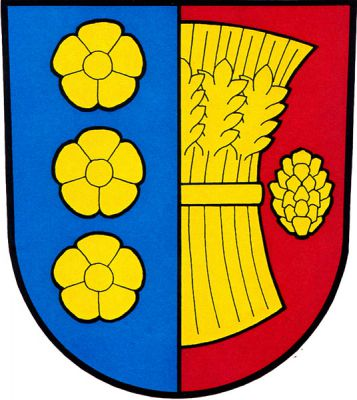V modro-červeně polceném štítě vpravo tři květy pod sebou, vlevo vyniká půl obilného snopu provázeného vlevo vztyčenou borovou šiškou, vše zlaté. Znak Synkov-Slemeno