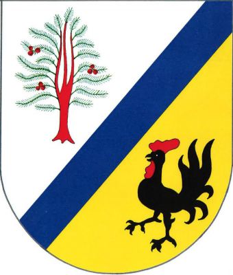 Ve stříbrno-zlatě šikmým modrým břevnem děleném štítě vpravo tis přirozené barvy, vlevo vykračující černý kohout s červeným hřebínkem a lalokem. Znak Terešov