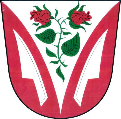 V červeném štítě stříbrný vydutý klín provázený dvěma vztyčenými odvrácenými krojidly. V klínu přirozená růže se dvěma červenými květy na zeleném stonku s listy. Znak Třebětice