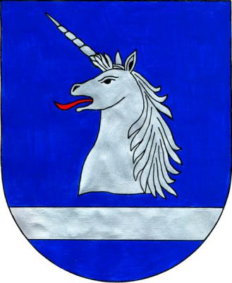 V modrém štítě nad sníženým stříbrným břevnem stříbrná hlava jednorožce s krkem a červeným jazykem. Znak Třebsko