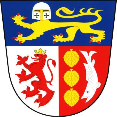 Stříbrno-červeně polcený štít s modrou hlavou, v ní zlatá kráčející, čelně hledící lvice s červenou zbrojí a stříbrnou kbelíkovou, zlatě zdobenou přilbou se dvěma černými otvory ve tvaru tlapatého kříže. Vpravo červený korunovaný lev, vlevo tři zlaté chmelové šištice pod sebou a dolů plovoucí stříbrná ryba. Znak Tupadly