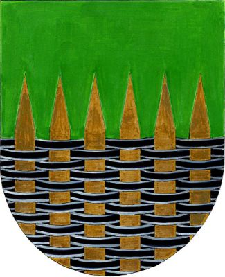 V zeleném štítě šest zlatých palisádových kůlů, černě propletené. Znak Týnec