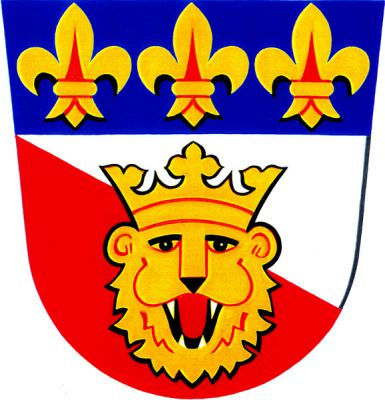 Ve stříbrno-červeně kosmo děleném štítě pod modrou hlavou se třemi zlatými liiemi zlatá korunovaná hlava lva se stříbrnými zuby a červeným jazykem. Znak Uherčice