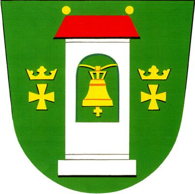 V zeleném štítě stříbrná zvonice s červenou valbovou střechou se dvěma makovicemi, zavěšeným zvonem a provázená tlapatými kříži převýšenými korunami, vše zlaté. Znak Uhřice