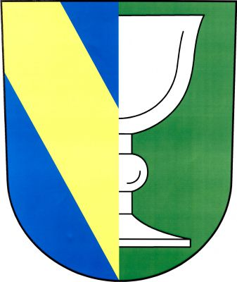 V modro - zeleně polceném štítě vpravo zlaté kosmé břevno, vlevo od středu vyniká půl stříbrného kalicha. Znak Unkovice