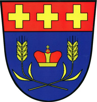 V modrém štítě pod červenou hlavou se třemi zlatými řeckými kříži knížecí koruna mezi dvěma dole zkříženými zlatými obilnými klasy, každý se dvěma listy. Znak Uzenice