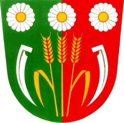 V zeleno-červeně polceném štítě pod třemi stříbrnými květy kopretin se zlatými semeníky tři zlaté obilné klasy provázené dvěma stříbrnými kosami bez násad hroty dolů. Znak Valašská Senice