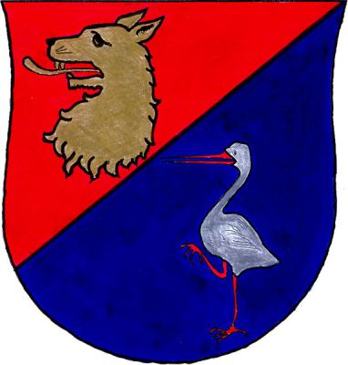Červeno-modře šikmo dělený štít, nahoře zlatá vlčí hlava, dole čáp přirozených barev. Znak Valy