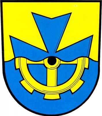 Ve zlato-modře vlnitě děleném štítě nahoře vyrůstá polovina osmihrotého kříže, dole polovina palečného kola, obojí opačných barev. Znak Vávrovice