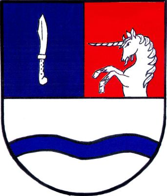 Dělený štít, horní polovina modro-červeně polcená, vpravo stříbrný nůž, vlevo rostoucí stříbrný jednorožec, v dolní stříbrné polovině modré vlnité břevno. Znak Vážany nad Litavou