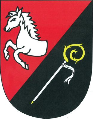 V červeno-černě šikmo děleném štítě nahoře půl stříbrného koně, dole šikmo stříbrná berla se sudariem, zlatou hlavicí a hrotem. Znak Vejprnice