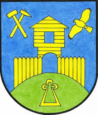 V modrém štítě na zeleném návrší volná palisádová hradba s branou a roubenou tvrzí s oknem, obojí prázdné, zakončenou stanovou střechou, provázená nahoře vpravo kosmým mlátkem šikmo podloženým želízkem, vlevo kosmo letícím jestřábem. V návrší třmen s jetelovým závěsem. Vše zlaté. Znak Velké Svatoňovice