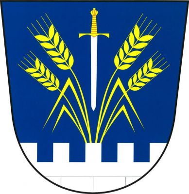 Modrý štít se stříbrnou kvádrovanou hradbou v patě, z níž vyrůstají čtyři odkloněné zlaté obilné klasy, každý s listem. Mezi klasy postavený stříbrný meč se zlatým jílcem. Znak Velké Všelisy