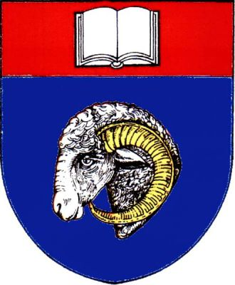 V modrém štítě, pod červenou hlavou s otevřenou knihou, beraní hlava s krkem a zlatou zbrojí, vše stříbrné. Znak Velký Beranov