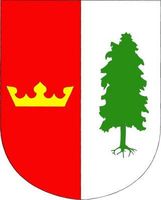 V červeno-stříbrně polceném štítě vpravo zlatá koruna, vlevo zelená vykořeněná borovice. Znak Velký Bor