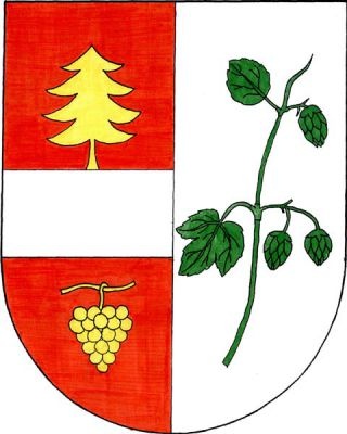 Červeno-stříbrně polcený štít, v pravém poli stříbrné břevno, nad ním zlatý smrk a pod ním zlatý vinný hrozen, v levém poli zelený chmelový stonek se třemi šišticemi a dvěma listy. Znak Vinařice