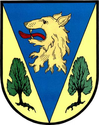 Ve zlatém štítě modrý klín, v něm utržená zlatá vlčí hlava s červeným jazykem, po stranách dva zelené vykořeněné habry s černými kmeny. Znak Vlčí Habřina