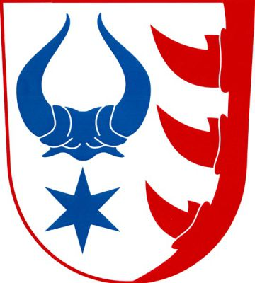Ve stříbrném štítě vpravo nad hvězdou býčí rohy s částí lebky, obojí modré, zleva vyrůstající červená vlčí sanice se třemi zuby. Znak Vlksice