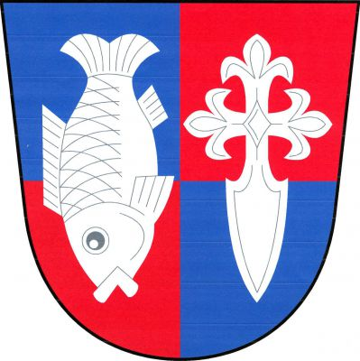 V modro - červeně čtvrceném štítě vedle sebe kapr hlavou dolů a svatojakubský kříž, obojí stříbrné. Znak Vojkovice