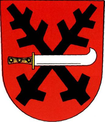 V červeném štítě černé zkřížené ostrve přeložené doleva položeným stříbrným vinařským nožem se zlatou rukojetí. Znak Vojnův Městec