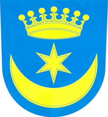 V modrém štítě pod korunou se sedmi perlami hvězda uvnitř stoupajícího půlměsíce, vše zlaté. Znak Volanice
