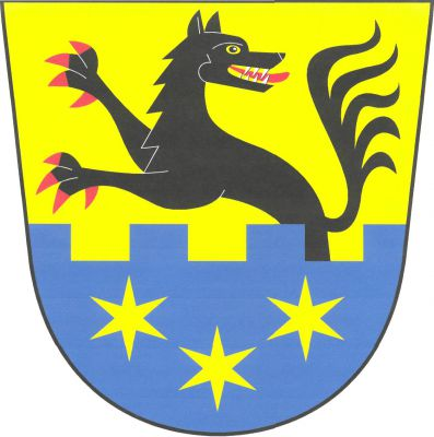 Ve zlato - modře cimbuřovitě děleném štítě nahoře vyrůstající ohlížející se černý vlk s červenou zbrojí, dole tři (2, 1) zlaté hvězdy. Znak Volfartice