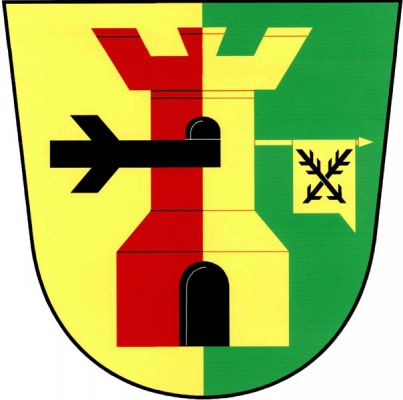 Ve zlato-zeleně polceném štítě červeno-zlatě polcená věž s cimbuřím s černou prolomenou branou a obloukovým oknem, z něj doprava vyniká položená černá ostrev se dvěma suky, doleva položená zlatá žerď se svěšeným zlatým praporcem s ocasem se zkříženými černými ostrvemi. Znak Vrchovany