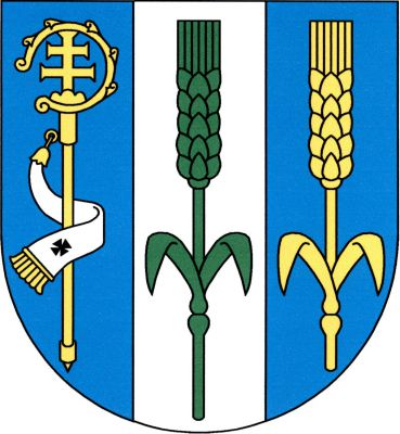 V modrém štítě stříbrný kůl se zeleným obilným klasem, provázený vpravo zlatou berlou se stříbrným sudariem, vlevo zlatým obilným klasem; oba klasy se dvěma odkloněnými listy. Znak Výškov