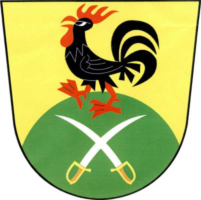 Ve zlatém štítě na zeleném návrší se zkříženými vztyčenými stříbrnými šavlemi se zlatými jílci vykračující černý kohout s červenou zbrojí. Znak Vysokov