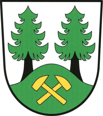 Ve stříbrném štítě dva zelené jehličnaté stromy s černými kmeny vyrůstající ze zelené hory, v ní zkřížená přivrácená zlatá želízka. Znak Zahořany