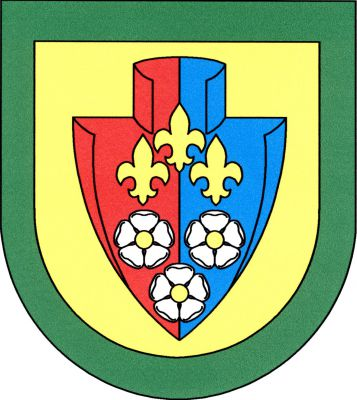 Ve zlatém štítě se zeleným lemem čelně postavená červeno-modře polcená radlice, v ní tři (1, 2) zlaté lilie nad třemi (2, 1) stříbrnými růžemi se zlatými semeníky. Znak Želízy
