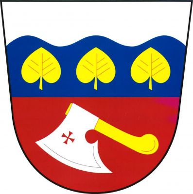 Dělený štít. Horní pole stříbrno-modře vlnitě dělené, v modrém poli tři vztyčené zlaté lipové listy. V dolním červeném poli kosmo stříbrná řeznická sekera na zlatém topůrku. Znak Žeretice