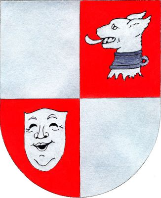 Stříbrno-červeně čtvrcený štít. Ve druhém poli stříbrná psí hlava s černým obojkem, ve třetím poli stříbrná divadelní maska. Znak Žihobce